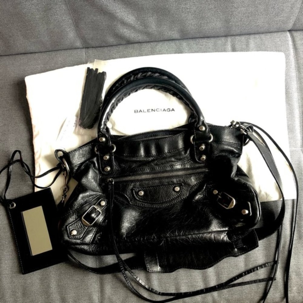 AUTH BALENCIAGA ‘03 CITY BAG FIRST MOTORCYCLE LE CAGOLE BLACK w Pewter